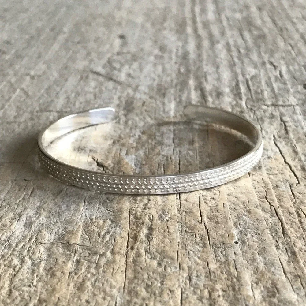 Shiny Sterling Silver Scalloped Open Cuff Bangle Handmade - 5.6mm Wide